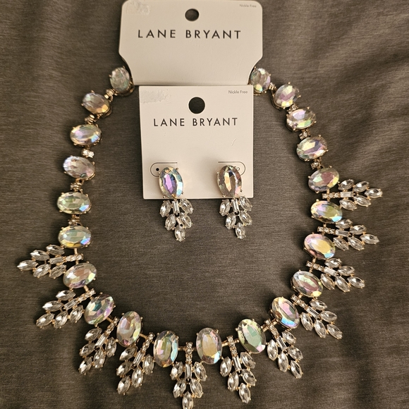 Lane Bryant Jewelry - Lane Bryant Iridescent Crystal Statement Necklace & Drop Earrings - White/Gold